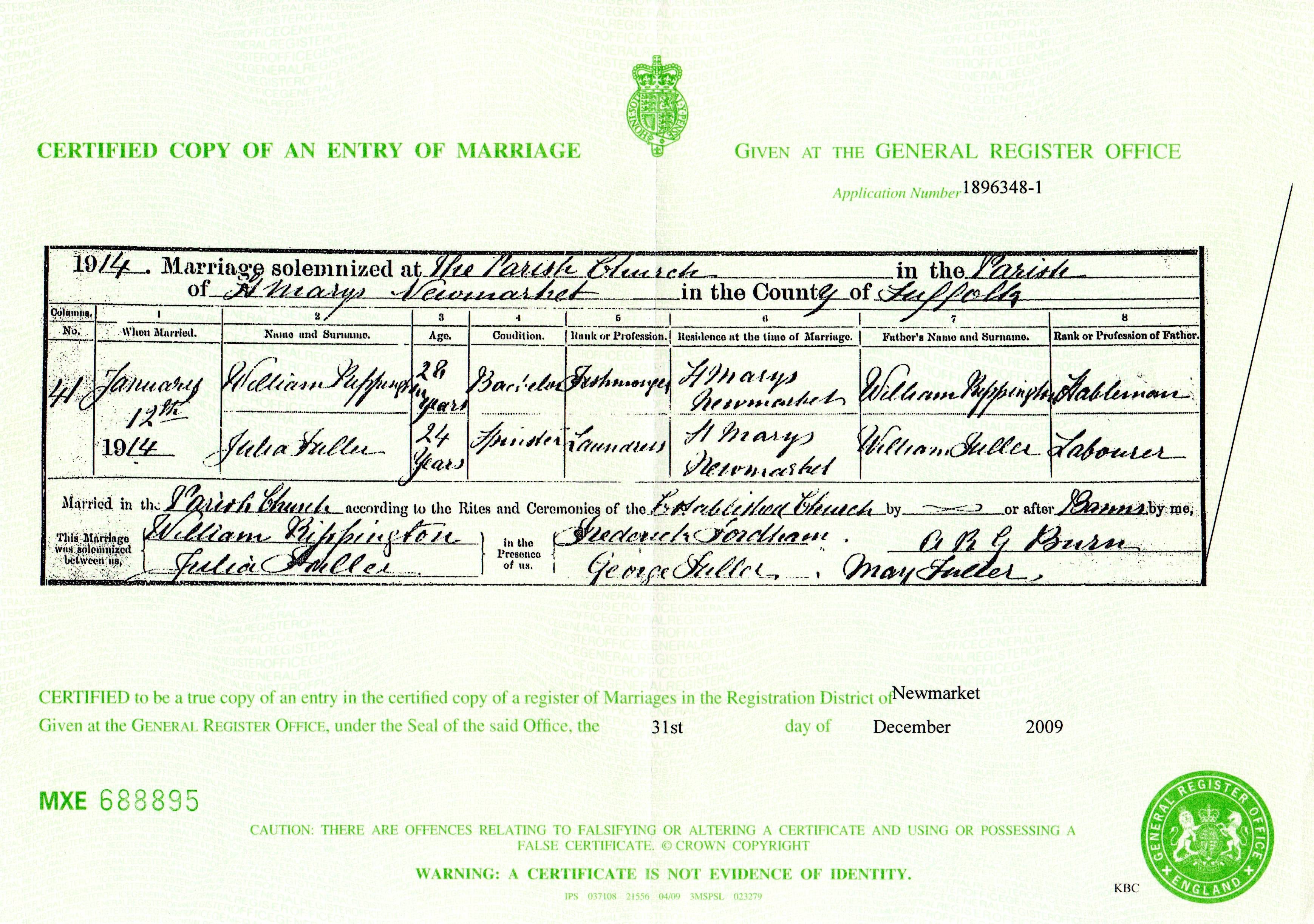 Certified Copy Of An Entry Of Marriage